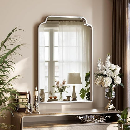 GLSLAND 20"x30" Petal Arch Bathroom Mirror – Modern Metal Frame Vanity Mirror with Scalloped Edge for Over Sink, Bedroom, Living Room, Entryway, Non-Rusting Decorative Wall Mirror, Silver