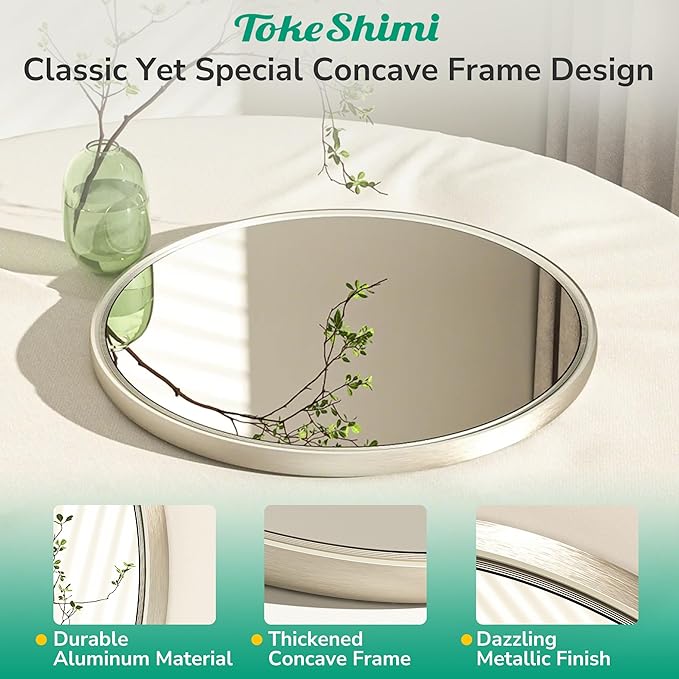 TokeShimi 30 Inch Brushed Nickel Mirror Round Tempered, Shatterproof Bathroom Vanity Mirror Circle, Metal Farmhouse Wall Mounted Mirror for Vanity, Entryway, Bedroom, Restroom, Living Room