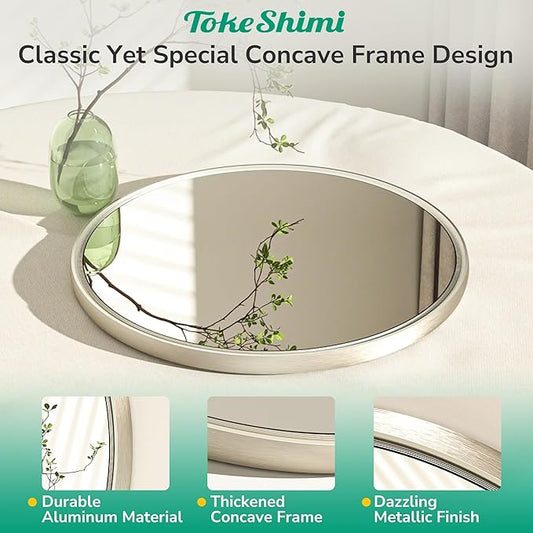 TokeShimi 24 Inch Circle Bathroom Mirror Brushed Nickel, Tempered Round Wall Mirror, Shatterproof 24x24 Hanging Wall Mirrored Farmhouse for Bedroom, Entryway, Restroom, Vanity, Living Room