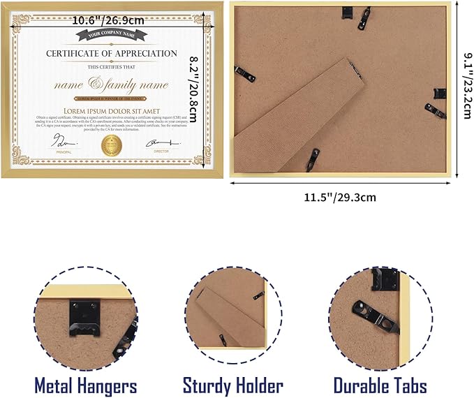 Hoikwo 14 Packs 8.5x11 Gold Multi Plastic Picture Frames Set with Plastic Cover, Certificate Frames for Document Diploma Award, Light Weight Bulk 8.5 by 11 Frames Pack for Wall Hanging and Table