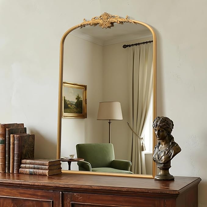 Besdomus Antique Arched Wall Mirror: 24"x36" French Large Arch Gleaming Gold Vintage Wall Mounted Mirror - Traditional Ornate Home Decor for Entryway/Fireplace/Bathroom - Idea for Homemakers