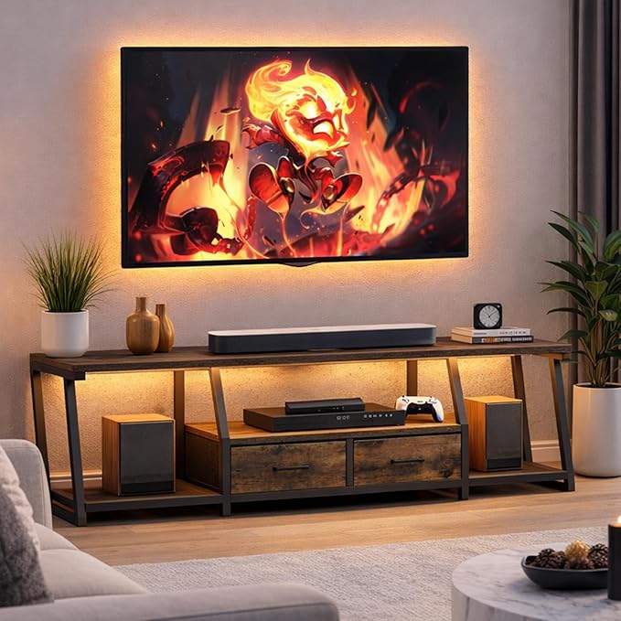 RALGEND LED TV Stand for 55 65 Inch TV, Entertainment Center with Open Shelves and Power Outlets, TV Console Table with Fabric Drawers, Media Console for Living Room, Bedroom, Rustic Brown and Black