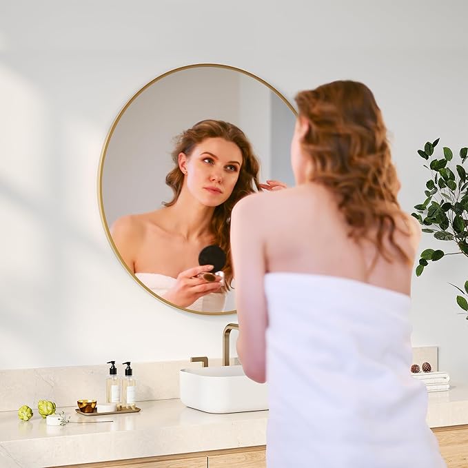 30" Gold Round Mirror for Wall, Large Circle Bathroom Mirror for Over Sink, Matte Gold Metal Frame, HD Eco-Friendly Glass, Contemporary Vanity Mirror for Entryway Hallway Living Room Home Decor, Easy