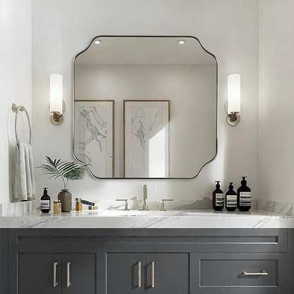 ANDY STAR 30"x30" Chrome Square Mirror, Polished Nickel Scalloped Bathroom Mirror for Over Sink, Modern Decorative Mirror with Designer Rounded Notched Corners, Anti-Rust SUS304 Frame
