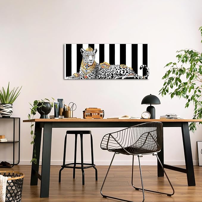 KREATIVE ARTS Luxury Leopard Wall Art 20x48 Inch Framed Canvas Glam Animal Print Jungle Decor Black and White Striped Background Modern Artwork for Bedroom Living Room Office Ready to Hang
