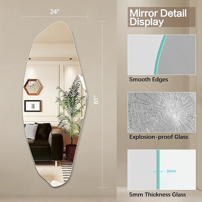 Niccy 61"×24" Frameless Pebble Full Length Mirrors, Long Wall-Mounted Mirror for Living Room, Large Full Body Mirror, Explosion-Proof Tall Hanging-Mirror for Bathroom Bedroom Entryway Decor