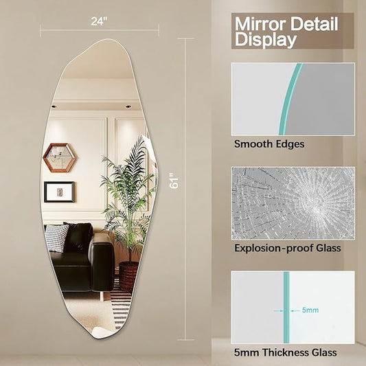 Niccy 61"×24" Frameless Pebble Full Length Mirrors, Long Wall-Mounted Mirror for Living Room, Large Full Body Mirror, Explosion-Proof Tall Hanging-Mirror for Bathroom Bedroom Entryway Decor