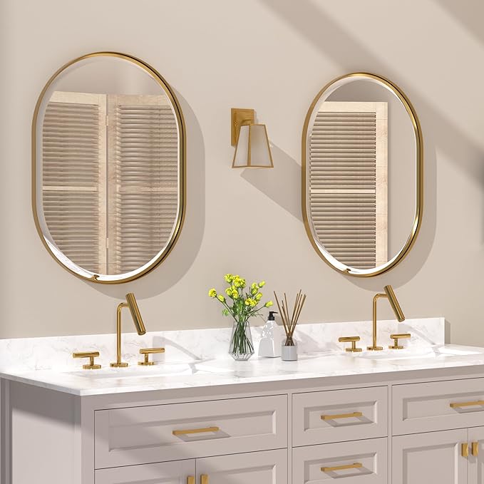 POZINO Oval Beveled Mirror, 22"x30" Brushed Gold Bathroom Vanity Mirror Over Sink, Pill Shaped Capsule Wall Mounted Mirrors for Living Room Bedroom Entryway, Hangs Vertically or Horizontally
