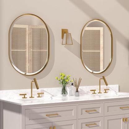 POZINO Oval Beveled Mirror, 22"x30" Brushed Gold Bathroom Vanity Mirror Over Sink, Pill Shaped Capsule Wall Mounted Mirrors for Living Room Bedroom Entryway, Hangs Vertically or Horizontally