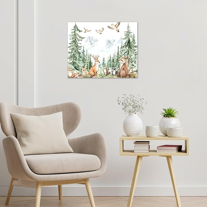 LB Watercolor Woodland Forest Animals Wall Art for Bedroom Rustic Farmhouse Pine Tree Mountain Canvas Wall Art Cute Nature Wall Pictures for Living Room Office Bathroom Framed Ready to Hang 12L x 16W