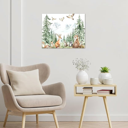 LB Watercolor Woodland Forest Animals Wall Art for Bedroom Rustic Farmhouse Pine Tree Mountain Canvas Wall Art Cute Nature Wall Pictures for Living Room Office Bathroom Framed Ready to Hang 12L x 16W