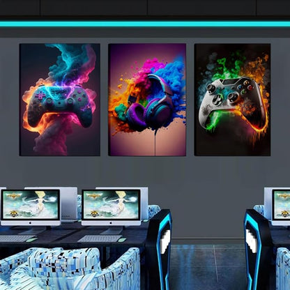BGFCE Gaming Room Decor Canvas Wall Art Set of 3 - Cool Video Gaming Theme Wall Decor, Gamer Paintings Picture Print for Teen Boys Room 16x24 inch Framed