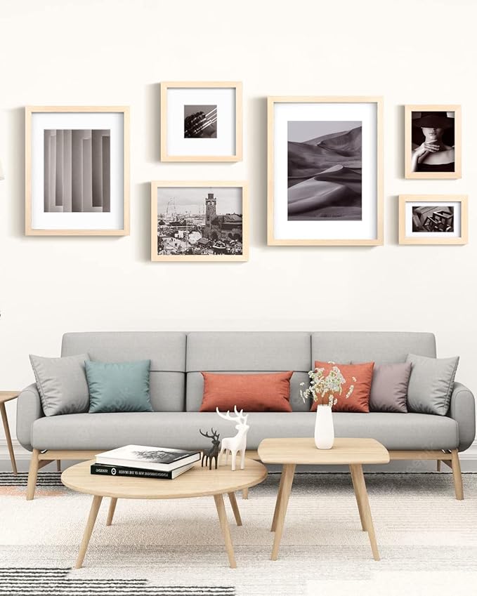 Egofine 8x8 Picture Frames Made of Solid Wood with Plexiglass, Display Pictures 4x4/6x6 with Mat or 8x8 Without Mat Set of 4 for Tabletop and Wall Mounting, Oak Wood
