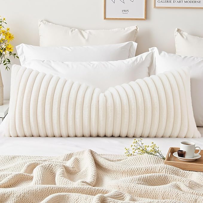 decorUhome Summer Cozy Faux Fur Throw Pillow Covers 14x36 Set of 1 Decorative Soft Plush Striped Lumbar Modern Farmhouse Boho Couch Pillow Cases with Velvet Back for Sofa Bed Living Room, Cream White
