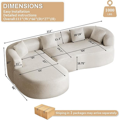 Luxury Modern Tight Curved Back Sofa, 111" Minimalist Style Comfy Couch for Living Room, 4 Seater Modular Chenille Sectional with 4 Throw Pillows,No Assembly Needed,Cream White(Left-Facing Chaise)