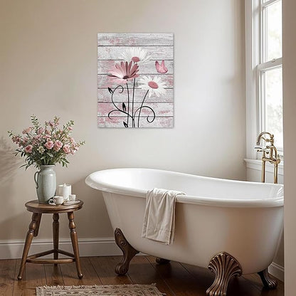 HVEST Farmhouse Pink Floral Wall Art for Bathroom, Pink and White Daisy Butterfly on Rustic Wood Canvas Wall Art Nature Flower Pictures for Living Room Bedroom Apartment Wall Decor,16L X 12W inches