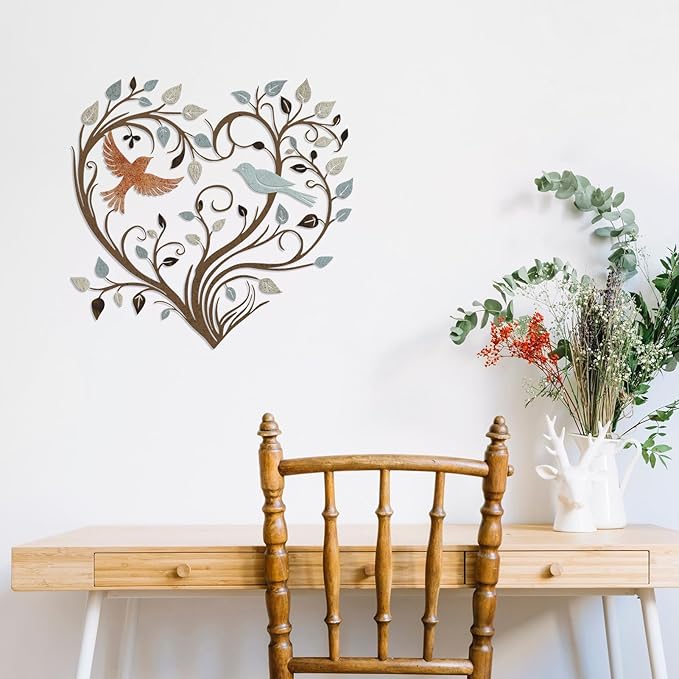 Hnatzu Colorful Heart Tree Metal Wall Art with Birds,Vibrant Heart Wall Decor for Living Room,Unique Metal Bird Wall Art for Home, Garden,or as a Gift of Love and Family