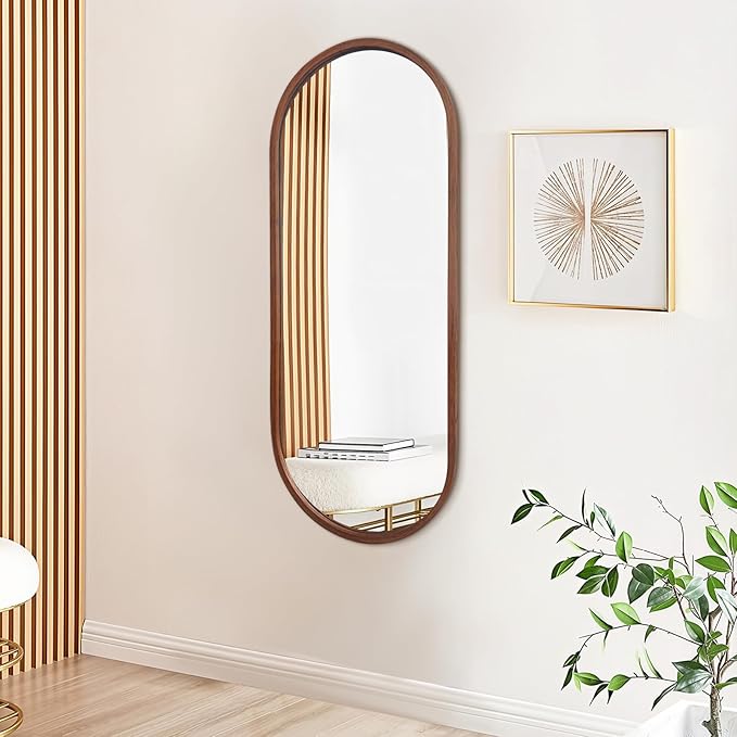 Niccy 48"×24" Wood Frame Oval Full Length Mirror, HD Long Wall-Mounted Mirrors, Large Body Hanging Mirrors for Living Room, Explosion-Proof Decorative Vanity Mirrors for Entryway, Bedroom, Walnut