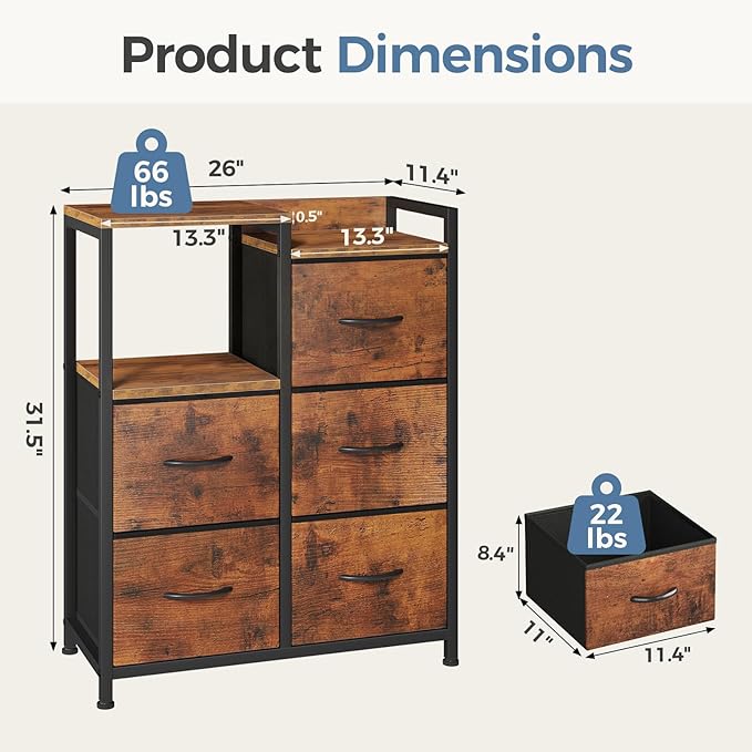 DUMOS TV Stands for Bedroom with 5 Drawers, 5-Drawer Chest of Drawers with Raised Shelf, Storage Tower with Fabric Bins for Closet Organization, Hallway Storage, Tank
