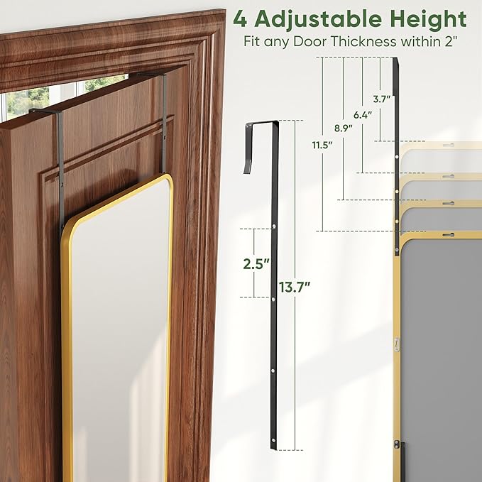 Suidia Full Length Mirror Over the Door&Wall Mounted, 48"x14" Door Mirror with Aluminum Alloy Frame, HD Shatterproof, No-Drill, Hanging Mirrors for Bedroom, Bathroom, Dorm, Closet, Rounded Rect, Gold