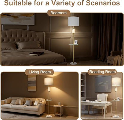 KIVDITZO Modern Floor Lamp for Living Room with Glass Tray and Night Light, Alabaster Bedroom Lamp, Tall Lamp with Linen Shade, Marble Base Standing Lamp for Living Room,Bedroom,Office(Bulb Included)