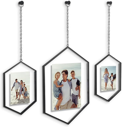 Americanflat Metal Floating Frame with Chain - Set of 3 - Use as 8x10 or 5x7 Frame - Pressed Flower Display for Wall Decor - Elegant Black Molding with Shatter-Resistant Glass