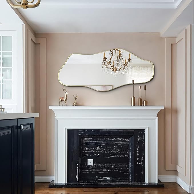Irregular Wall Mirror, 47.2"x21.6" Gold Asymmetrical Frameless Mirror, Modern Organic Shaped Mirrors for Living Room Bedroom Hallway Entryway, Horizontal or Vertical Hanging