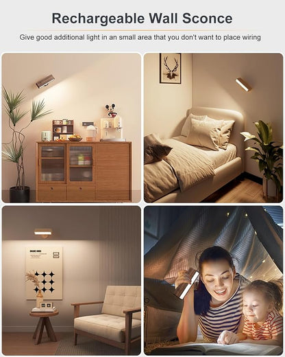 DetarZinLED Wooden Wall Lights Battery Operated with Remote,Rechargeable Wall Sconce for Bedroom with 3 Color Temperature, Magnetic, Stick-On, Dimmable Wall Reading Lights (Walnutwood, 1 Pack)