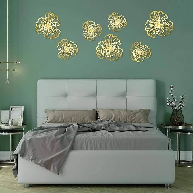7 Piece Metal Wall Decor for Living Room, Boho Double Layered Iron Flower Wall Hanging Art, Aesthetic Indoor Metal Wall Sculpture Decor for Bedroom Kitchen Bathroom Farmhouse Home Office, Gold