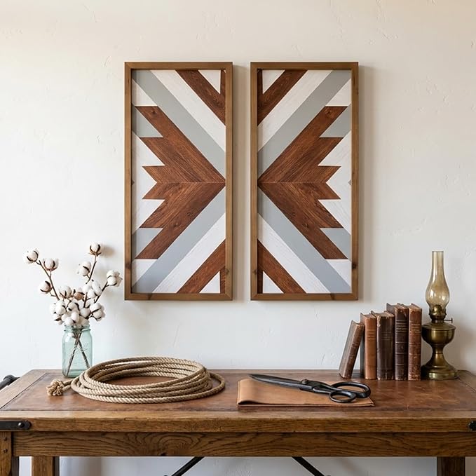 2Pcs Aztec Wood Wall Decor Southwest Nursery Kitchen Boho Cyan Black Wall Art Modern Vintage Geometric Farmhouse Rectangle Framed Hanging Signs Living Room Bathroom Decor
