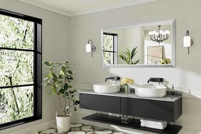 55x30 Inch Brushed Silver Bathroom Mirror for Wall, Thick Metal Framed Rectangle Mirrors for Over Sink, Bedroom, Living Room, Entryway, Anti-Rust, HD Tempered Glass