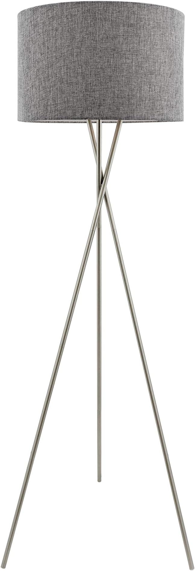 Kira Home Sadie 60" Modern Tripod Floor Lamp with Gray Linen Drum Shade, Mid Century Cross-Leg Standing Light with 9W LED Bulb, Brushed Nickel Finish