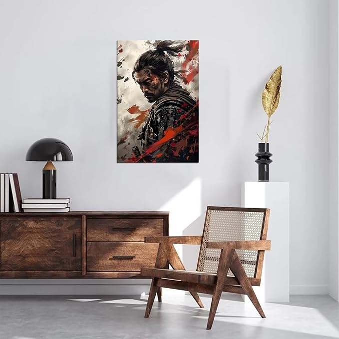 Samurai Wall Art Japan Painting Canvas Prints Warrior Figure Pictures Bushido Posters Japanese Culture Theme Artwork for Bedroom Classroom Dorm Living Room Aesthetic Decor Framed (18''W x 24''H)