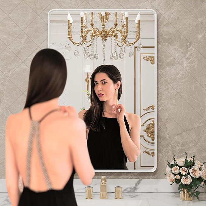 LOAAO 32x36 Inch White Metal Framed Bathroom Mirror for Wall, White Bathroom Vanity Mirror Farmhouse, Large Rounded Rectangle Mirror, Anti-Rust, Tempered Glass, Hangs Horizontally or Vertically
