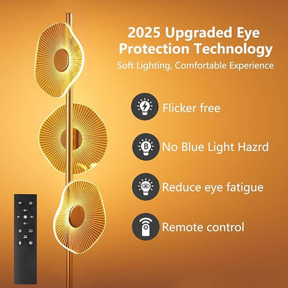 LED Dimmable Floor Lamp with Remote & Foot Switch, 2700–6000K Adjustable Color Temperature & Stepless Dimming, Sculptural Leaf-Disc Tall Standing Lamp, Brass Gold Corner Lamp for Living Room Bedroom