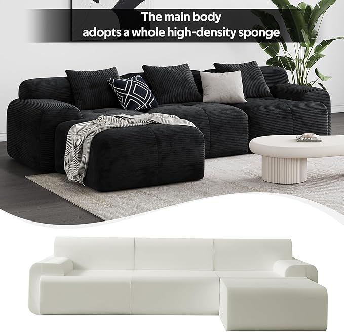 Modern L-Shaped Modular Sectional Sofa for Living Room，Oversized 3-Seater Couch with Deep Seat and Movable Ottoman – No Assembly,Comfortable Suede Fabric Boneless Sofa (Black)