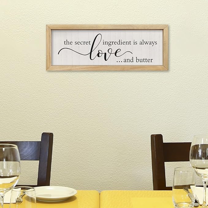 comurdyo Kitchen Wall Decor Simple The Secret Ingredient Is Always Love and Butter Sign 16"×6" Small Modern Farmhouse Dining Room Family Horizontal Hanging Wall Art (Wood)