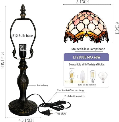 Tiffany Style Lamp Stained Glass Table Lamp 8 x 14.5” Mini Accent Light Pink Beads Design Small Decorative Bedside Reading Memory Lamp