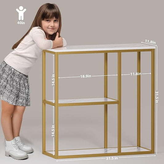 WOHOMO 31.5" Narrow Console Table with 3-Tier Storage, Industrial Sofa Table for Entryway, Living Room & Hallway - Gold Marble Faux Top, Sturdy Metal Frame