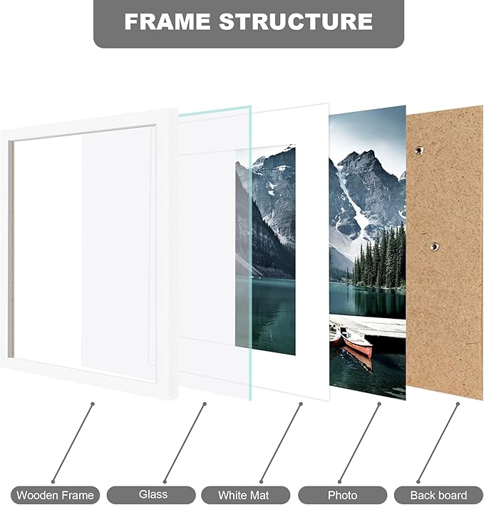 Hongkee 9x11 Picture Frame with Real Glass - Display Pictures 7x9 with Mat or 9x11 without Mat, Photo Frame for Wall or Table Top Display(White, 3 Pack)