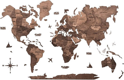 Enjoy The Wood 3D Wooden World Map Wall Art - Large Travel Map with Pins for Art Decor - Decorative Map of the World for Home, Office - Travel Wall Art Housewarming Gift Idea (Dark Walnut, 3XL, Unframed)