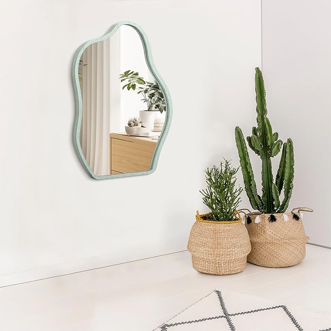 Irregular Wooden Framed Mirror for Wall Modern Artistic Asymmetrical Mirror Unique Shape Cloud Hanging Wall Mirrors Decor Bathroom Vanity Bedroom Living Room Entryway Hallway Green