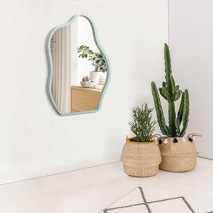 Irregular Wooden Framed Mirror for Wall Modern Artistic Asymmetrical Mirror Unique Shape Cloud Hanging Wall Mirrors Decor Bathroom Vanity Bedroom Living Room Entryway Hallway Green