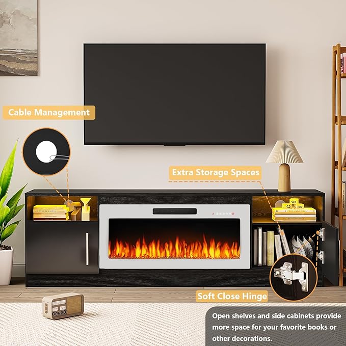 TAVATA 70" Fireplace TV Stand, Modern LED Light Entertainment Center with Storage and 36" Fireplace, Media TV Console for TVs Up to 80", Fire Place TV Stands for Living Room, Black+White