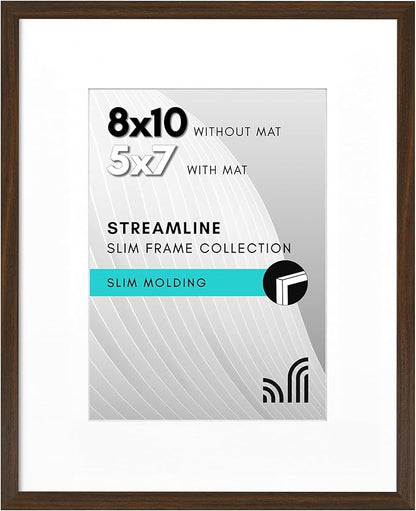 Americanflat 8x10 Picture Frame with Shatter-Resistant Glass - Use as 5x7 Frame with Mat or Display 8x10 Photo Without Mat - Streamline Collection - Picture Frames for Tabletop and Wall - Walnut