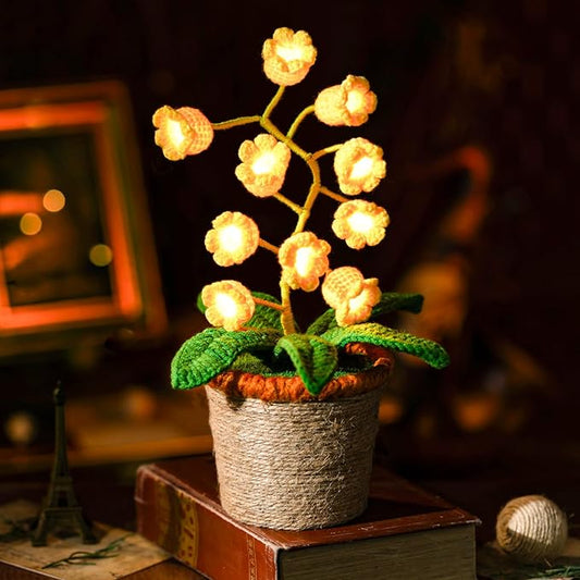 Lily of The Valley Lamp, Yellow Crochet Artificial Flowers with Night Lights, Cordless Table Lamp -Birthday Gifts for Women,Cozy Home Decor Mothers Day Gifts