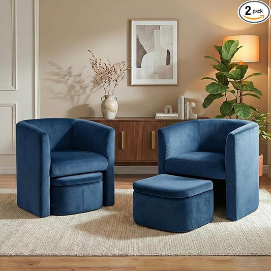 COLAMY Morden Velvet Living Room Side Chair with Storage Ottoman Set of 2, Single Sofa Armchair with Lounge Seat, Upholstered Barrel Accent Chair for Bedroom/Office/Reading Spaces, Blue