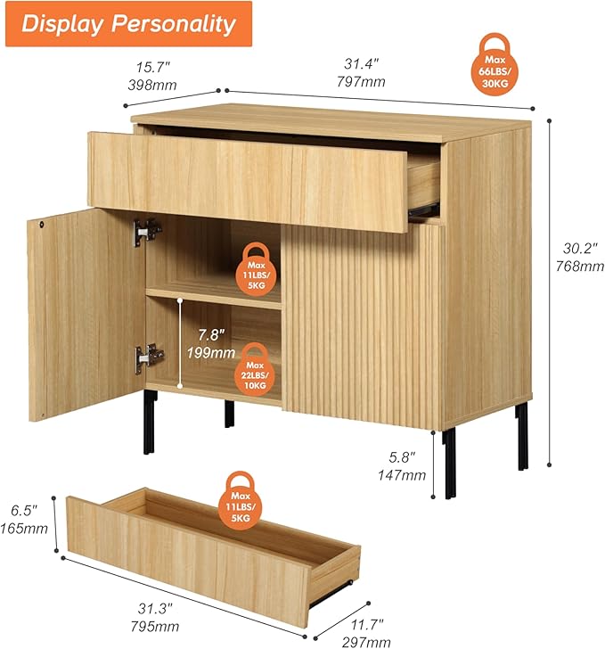 WAMPAT Fluted TV Stand TVs up to 35", 31.5" W Modern TV Entertainment Center with Storage Cabinets and 1 Drawers & 2 Doors, Wood Media TV Console Table with Storage for Living Room, Oak
