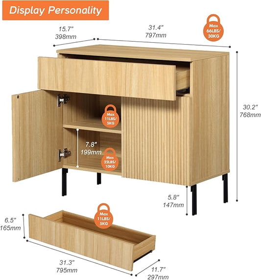 WAMPAT Fluted TV Stand TVs up to 35", 31.5" W Modern TV Entertainment Center with Storage Cabinets and 1 Drawers & 2 Doors, Wood Media TV Console Table with Storage for Living Room, Oak