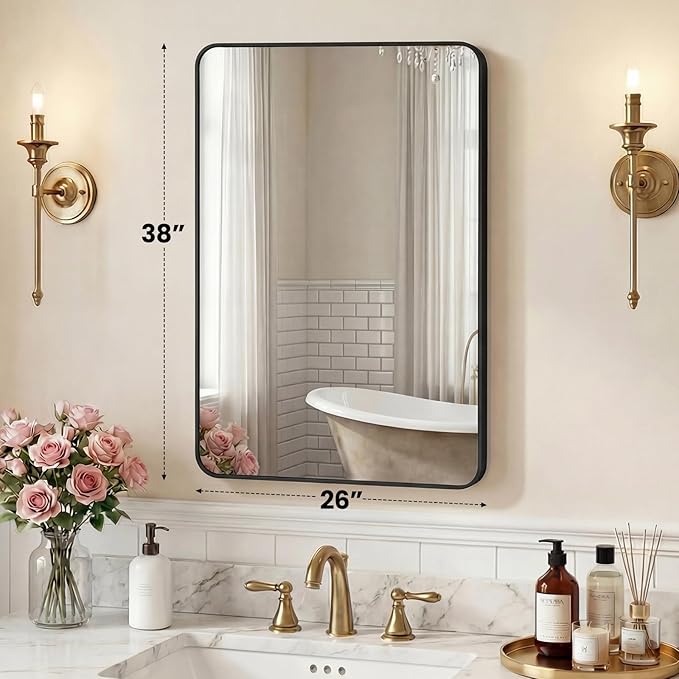 NEWBULIG 26X38 Inch Bathroom Mirror, Rectangle Wall Mirror with Rounded Corners, Black Vanity Mirrors for Bathroom Sink with Metal Frame for Bedroom, Entryway, Hangs Horizontally or Vertically